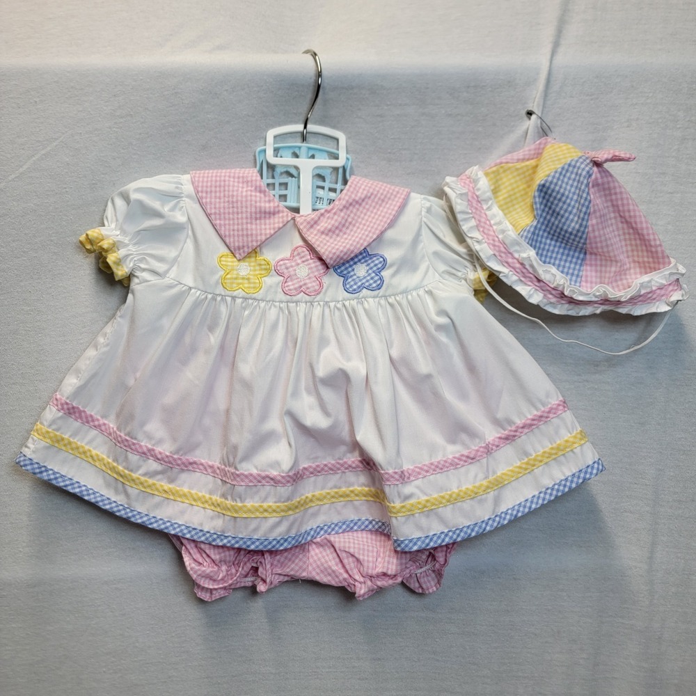 Vtg Gingham Smock Dress And Bloomers Floral Ruffle Hat 90s Easter Church Casual